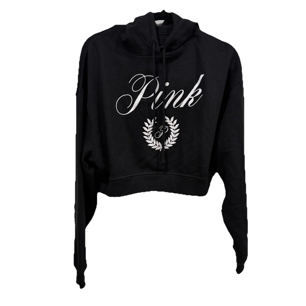 Victoria Secret PINK Pullover Cropped Black Hoodie White Crescent Logo Size‎ S